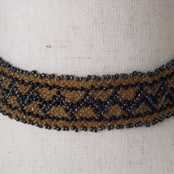 Vintage Beaded Wide Choker Gold Platinum & Black Glass Seed Beads 1" x 14.5" - Picture 11 of 11